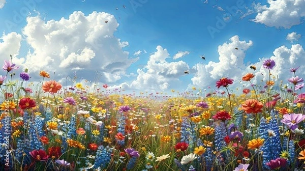 Fototapeta A field of wildflowers stretches out toward the horizon, filled with vibrant reds, yellows, and purples. Bees buzz from flower to flower, and the scene feels alive with the colors and energy of spring