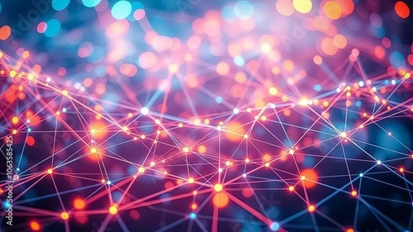 Fototapeta A luminous web of interconnected nodes, radiating vibrant hues of crimson and cerulean, evokes a sense of intricate connectivity and dynamic energy.