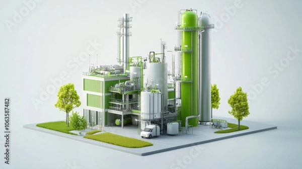 Fototapeta A modern, eco-friendly industrial facility with green structures and surrounding trees, showcasing sustainable design and technology.