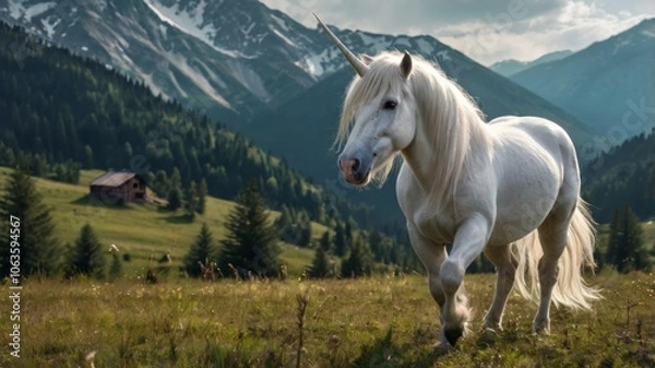 Fototapeta A realistic mythical unicorn grazes in a grassy field beside a barn in Canada