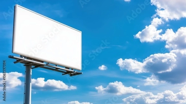 Fototapeta Empty billboard under a clear blue sky with clouds, ideal for advertising space.