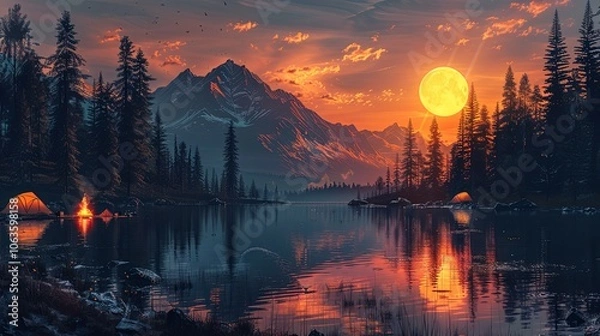 Obraz A group of friends sets up camp by a serene lake, their tents glowing softly as the sun sets behind the mountains. A fire crackles nearby, and the smell of pine trees and fresh air fills the campsite