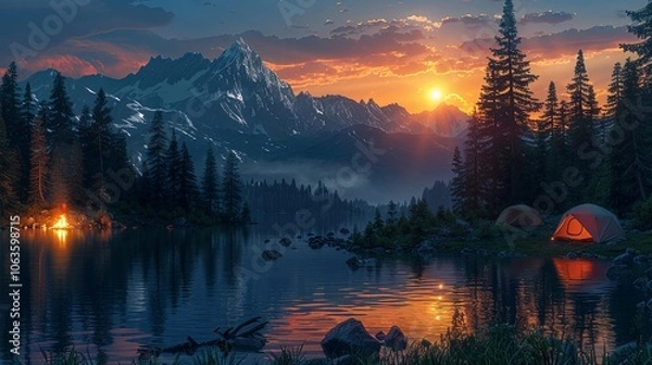 Obraz A group of friends sets up camp by a serene lake, their tents glowing softly as the sun sets behind the mountains. A fire crackles nearby, and the smell of pine trees and fresh air fills the campsite