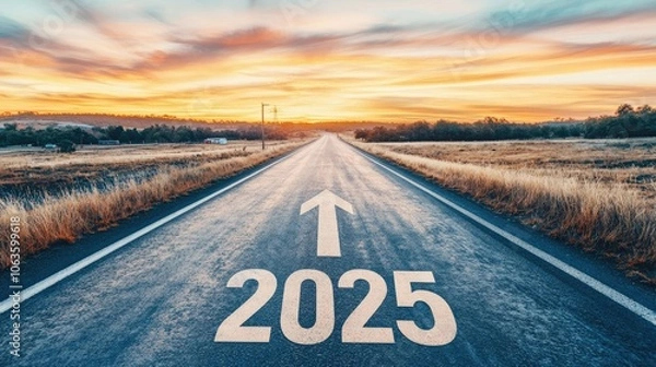 Fototapeta A deserted road with  and arrow pointing into the distance, leading toward a colorful sky at dusk, symbolizing forward movement