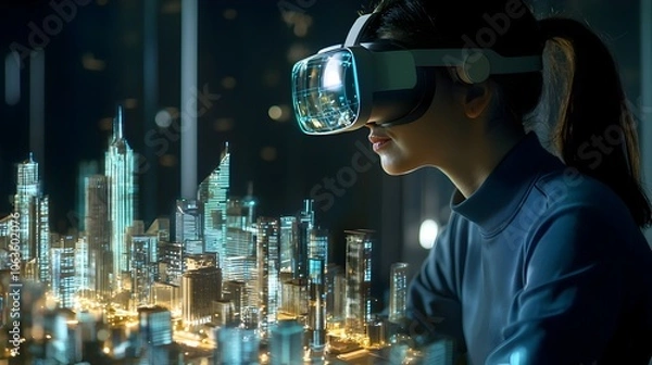 Fototapeta Virtual Architect Wearing VR Glasses Builds Futuristic Cityscape in Real Time with Holographic Tools and 3D Renderings