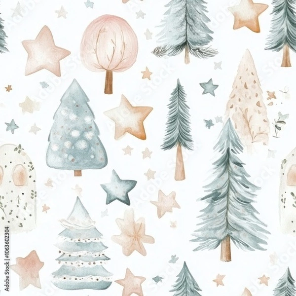 Fototapeta A whimsical pattern of hand-painted trees and stars in soft pastel colors, perfect for seasonal decor or children's design themes.