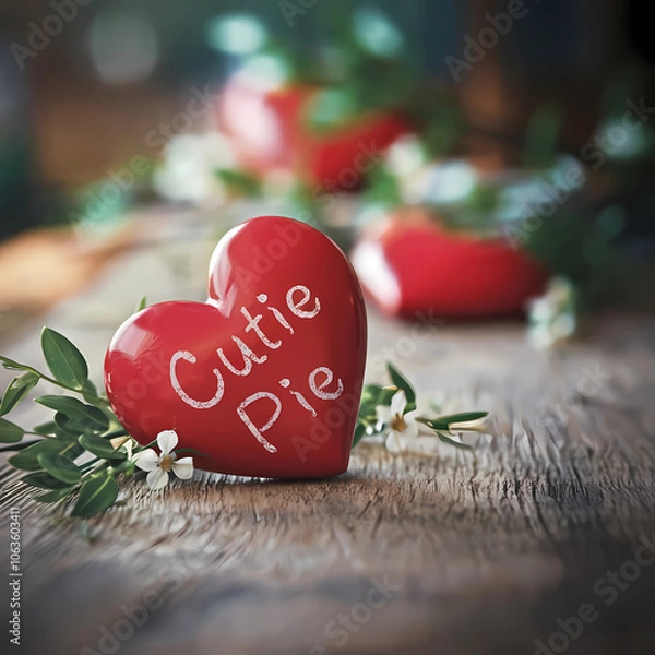 Obraz A cinematic shot of a red heart with the text "Cutie Pie" written inside. The heart is lying on a wooden surface.