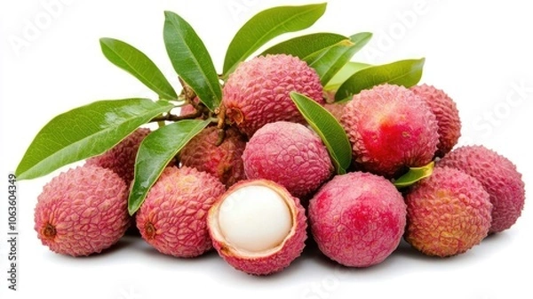 Fototapeta Bunch of fresh lychees with rough red skin, some peeled to reveal soft white flesh, beautifully isolated on a white background.