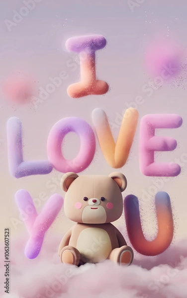 Fototapeta A 3D render of a cute, teddy bear-like animal sitting down. The animal is made of a soft, plush material and is sitting on a cloud. The background is a soft, pastel pink sky.