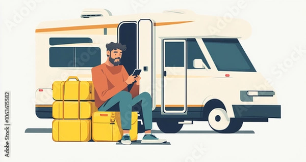 Fototapeta A man relaxes by his RV while checking his phone surrounded by yellow luggage on a bright day