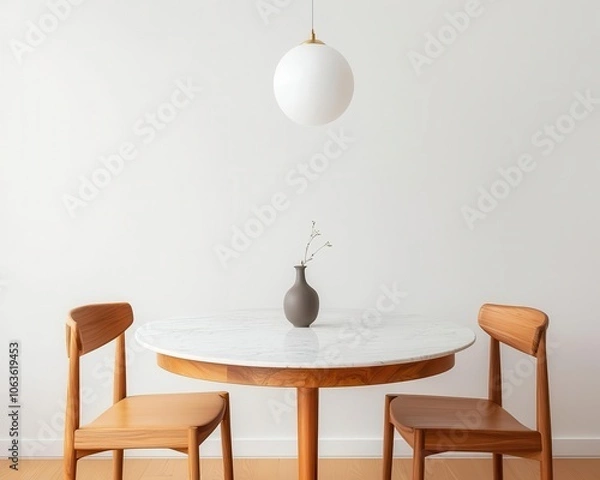 Fototapeta Dining table with polished marble and teak, art gallery room, minimalist with statement