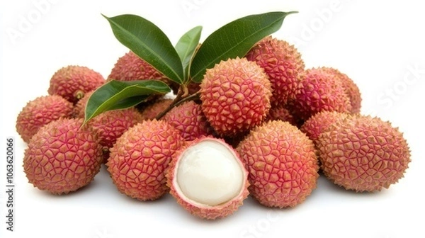 Fototapeta Juicy lychee fruit in vibrant red skin with one open, showing fleshy, white interior, isolated on a clean white backdrop.