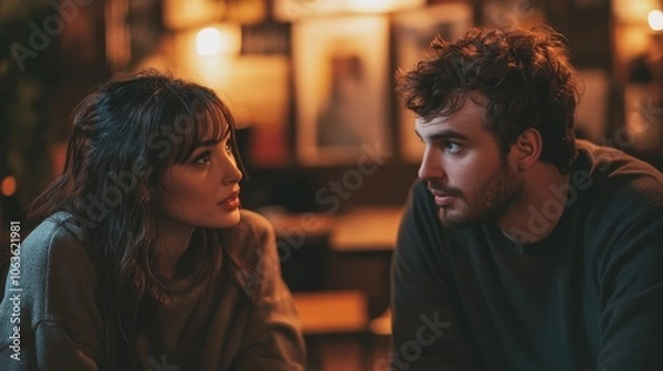 Fototapeta Man and woman sitting and having a conversation in a cozy cafe environment