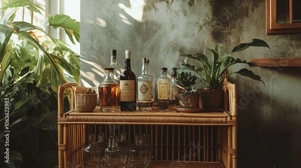 Fototapeta A stylish bar cart featuring various bottles and plants.