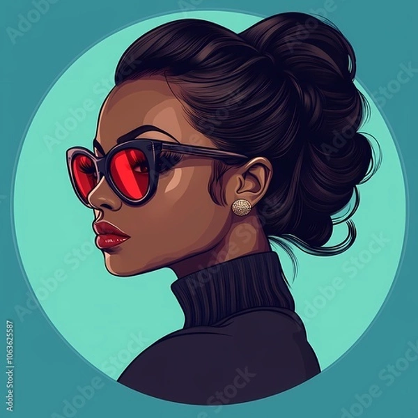 Fototapeta Cartoon-Style Art Deco Portrait of Black Female with Exaggerated Features and Sunglasses in Pop Art Style