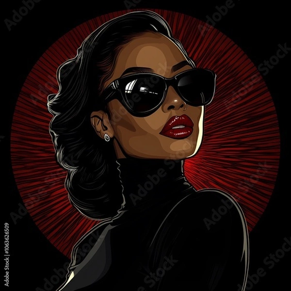 Fototapeta Cartoon-Style Art Deco Portrait of Black Female with Exaggerated Features and Sunglasses in Pop Art Style