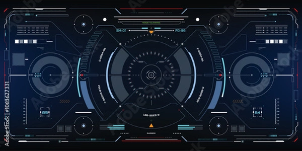Fototapeta HUD digital futuristic element of drone, radar, cockpit, space ship cyberpunk design concept. UI, GUI technology virtual reality view display vector design.