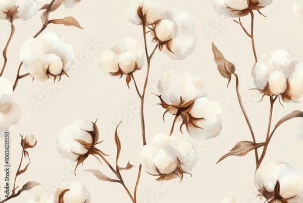 Obraz seamless watercolor pattern of cotton flowers on beige background for printing on fabric or wallpaper