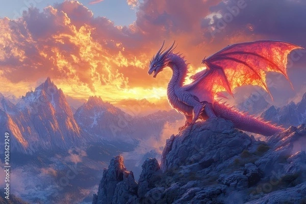 Obraz majestic dragon soaring over rugged mountain terrains illuminated by a fiery sunset combining fantasy elements with breathtaking natural beauty in a vibrant color palette