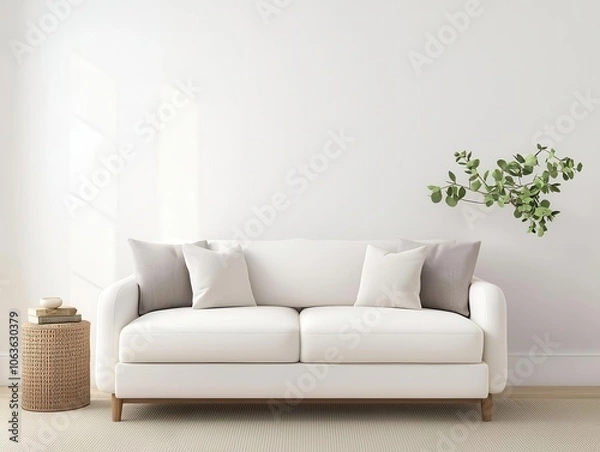 Fototapeta Bright, elegant living room with soft neutral tones, cozy textures, and natural light, modern classic private residence