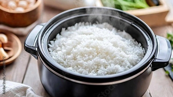 Fototapeta Steaming rice inside an electric cooker, with steam rising in soft clouds as rice cooks to fluffy perfection, in a cozy kitchen space.