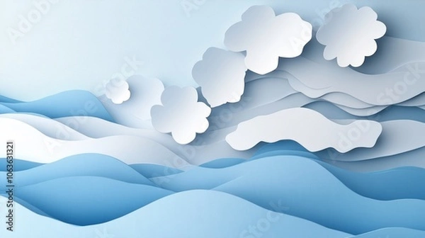 Fototapeta A serene abstract landscape featuring layered waves and fluffy clouds in soft blue and white tones.