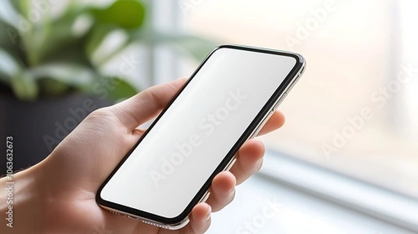 Fototapeta A modern and clean stock photo featuring a hand holding a blank screen mobile phone in a flat lay composition