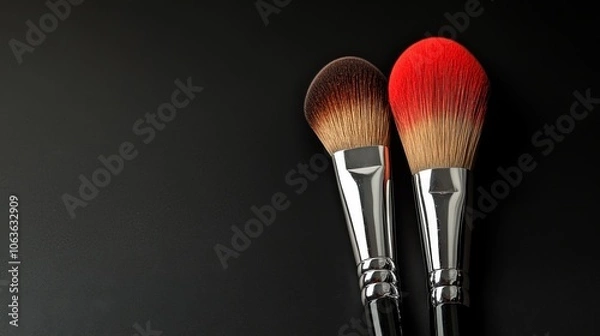 Obraz Two makeup brushes with gradient bristles on a dark background, showcasing beauty tools.