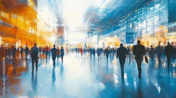 Fototapeta People navigate through a vibrant urban space
