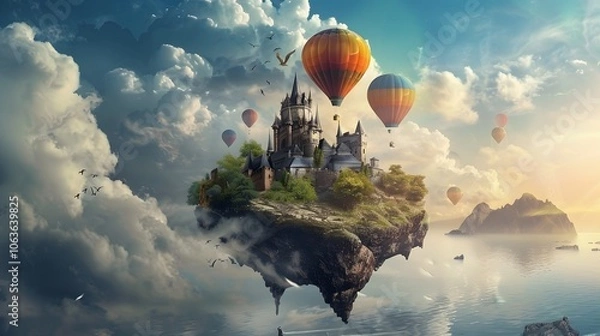 Fototapeta Floating Castle Island with Hot Air Balloons in Cloudy Ethereal Landscape