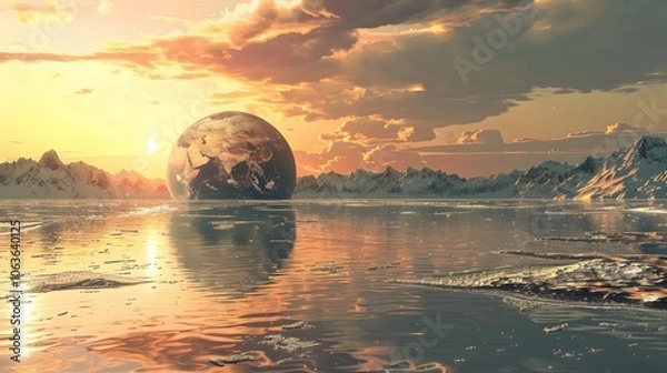 Fototapeta Enchanting Celestial Sphere Reflecting in Serene Lakefront Landscape at Dramatic Sunset