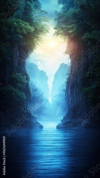 Fototapeta serene landscape featuring tranquil river flowing between towering cliffs, surrounded by lush greenery and mist. soft light creates peaceful atmosphere