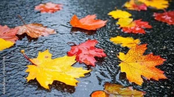 Fototapeta Close-up of colorful autumn leaves on a wet pavement after the rain.