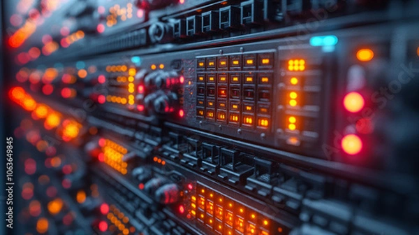 Obraz Modern server room filled with NAS devices, vibrant LED indicators in data center. Generative AI