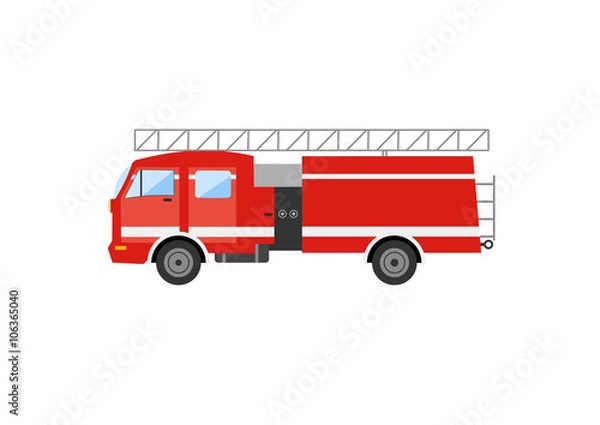 Obraz Side view of a red fire truck. Vector illustration of a fire engine.