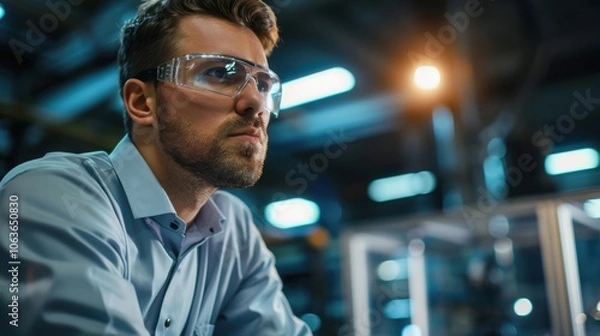Fototapeta Engineer Overseeing Robotic Machinery in High-Tech Factory for Advanced Manufacturing Processes