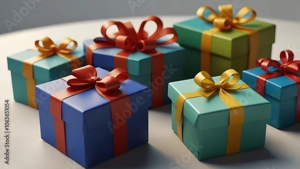 Fototapeta An enchanting array of multicolored gift boxes pops with energy on a clean white background. Suitable for party planning websites, e-commerce platforms, or promotional materials for gift shops