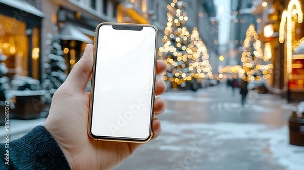 Fototapeta A cinematic style image of a hand holding an iPhone with a blank white screen, ready for custom branding or messaging