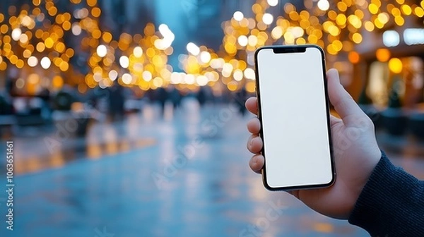 Fototapeta A cinematic style image of a hand holding an iPhone with a blank white screen, ready for custom branding or messaging