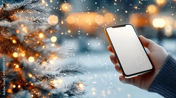 Fototapeta Detailed close up of a hand gripping an iPhone with a blank white screen, ideal for showcasing your digital design or mobile app mockup