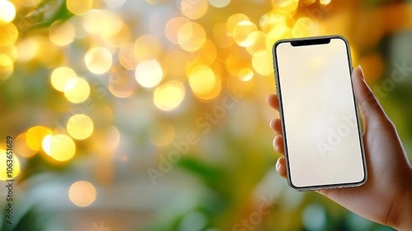 Fototapeta Capture the beauty of technology and everyday life with this close up shot of a hand holding an iPhone with a blank white screen