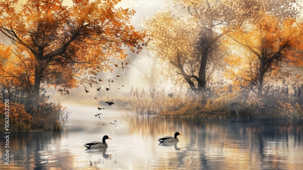 Fototapeta Small island with trees in the middle of the lake with ducks in autumn
