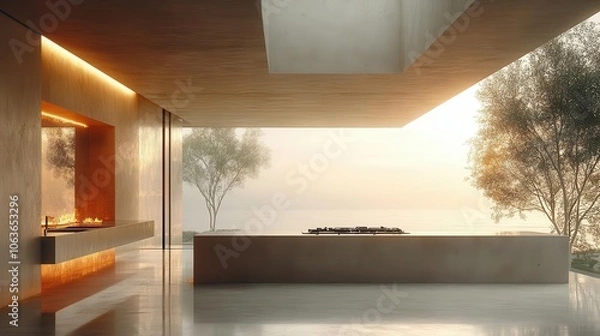 Fototapeta minimalist kitchen interior showcasing a clean design with a washbasin and a gas stove allowing for ample empty space highlighted by soft natural lighting streaming in from a nearby window