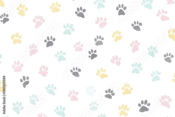Fototapeta A seamless pattern of pastel-colored cat paw prints scattered across the white background, creating an adorable and playful design for pet lovers