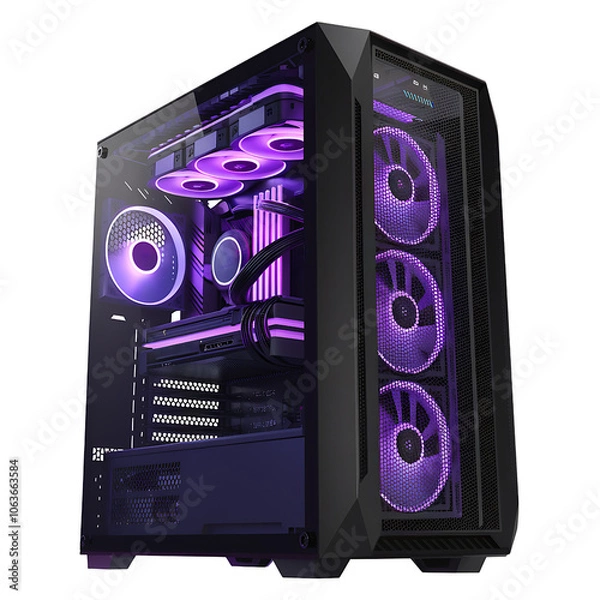 Fototapeta computer tower with a transparent side panel and purple LED lighting on transparent background