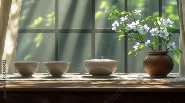 Fototapeta white flowers in a vase by the window, illuminated by sunlight reflections