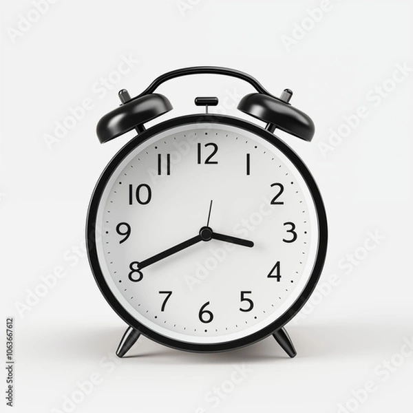 Obraz A classic black alarm clock isolated on a transparent background, symbolizing time management, punctuality, and the importance of daily routines.