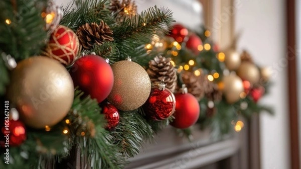 Fototapeta Christmas garland with green fir branches and cones on the background of a red wall with space for text. Copy space. Shallow depth of field and selective focus.