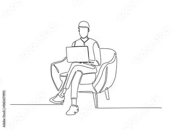 Fototapeta Continuous one line drawing of man siitting in cozy armchair working on laptop. Man is working in chair with a notebook single line art vector illustration. Editable vector.