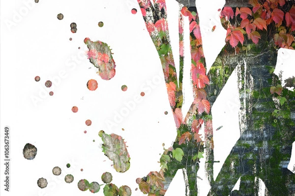 Obraz Ink painting style on the wall with ivy entwined with autumn leaves